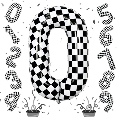 Image of 40 Inch Black and White Checkered 0 Balloon, Foil Number 0 Balloons Decor, Giant Self Inflating Helium 0 Racing Balloons for Boys Girls Birthday Race Car Flag Baby Shower Party Decorations Supplies