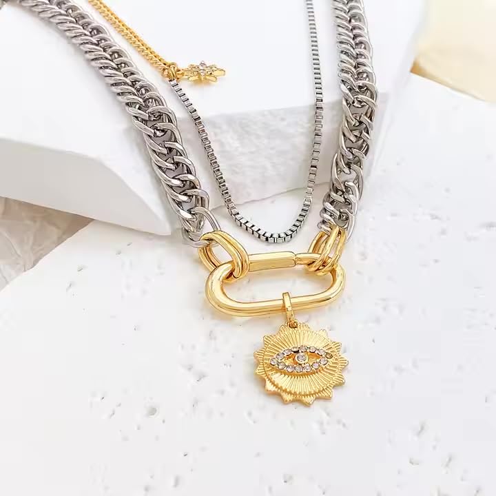 Whispering Meadows Evil Eye Necklace With Sun Pendant for Women - 18" Cuban Link Chain, Non-Tarnish 14K Gold Plated, Mixed Antique Silver and Gold, Layered Jewelry for Protection and Style3