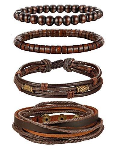 Jstyle 4Pcs Braided Leather Bracelet for Women Mens Cuff Bead Bracelet Set Adjustable Black And Brown2