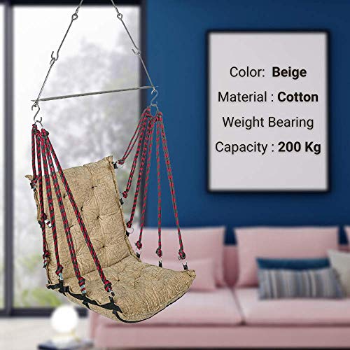Image of Curio Centre Soft Cotton Swinging Hammock Hanging Swing Chair /Hammock Swing for Adults /Swing for Indoor Outdoor, Garden, Patio /Durable Portable Jhula Swing for Home (Free Hanging Accessories) - Beige
