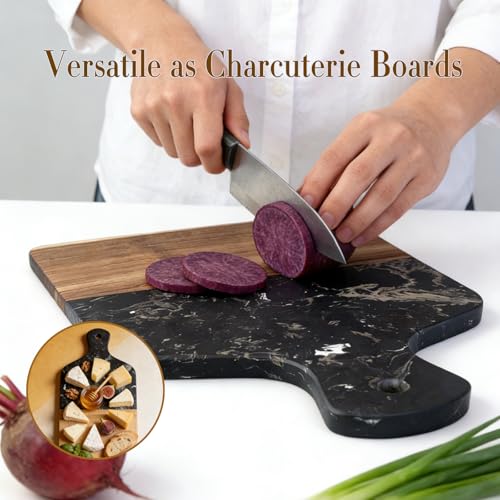 Tabla de cortar rectangular de mármol y madera con mango miniatura 5