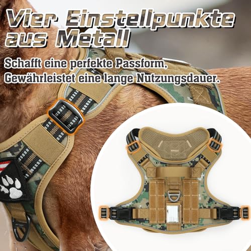 rabbitgoo Hundegeschirr Mittelgroße Hunde, Anti Zug Geschirr Hund Verstellbar mit Griffe Verbreitert, Robust Taktisches Hundegeschirr mit Metallschnallen zum Wandern(M, Camouflage Braun)