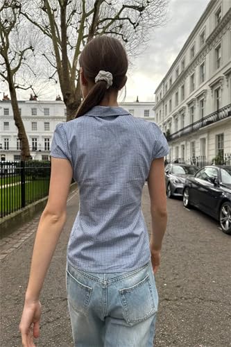Image of Y2k Girls Vintage Coquette Button Down Shirt Women Short Sleeve V-Neck Slim Fitted T-Shirt Cute Blouse Crop Top