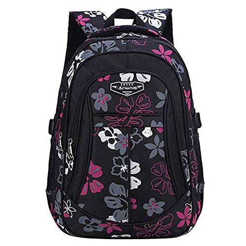 School Backpack Elementary Bookbags for Girls Casual Daypack for Boys (Black-Flower)