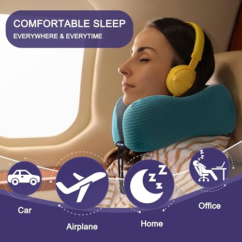 Image of napfun Neck Pillow for Traveling, Upgraded Travel Neck Pillow for Airplane 100% Pure Memory Foam Travel Pillow for Flight Headrest Sleep, Portable Plane Accessories, Teal