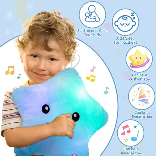 Image of Subao Sensory Toys for Kids with Autism,14 inch Soft Toddler Pillow With Light &Music,Plush Star Night Light,Light Up Adhd Autism Sensory Products,Birthday Xmas Easter Gifts for Boys 3 4 5 6 7 8 9 10 Blue