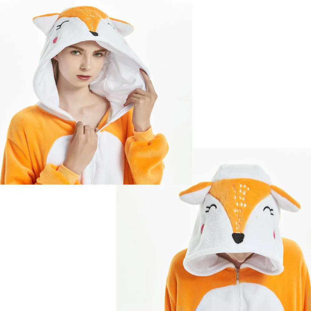 NYSDM Fox Orange Sleep Onesie Tuta con Cappuccio per Adulti Lounge Wear Pigiama Divertente da Donna Pigiama Giallo Abbigliamento per la casa Pigiama di Halloween