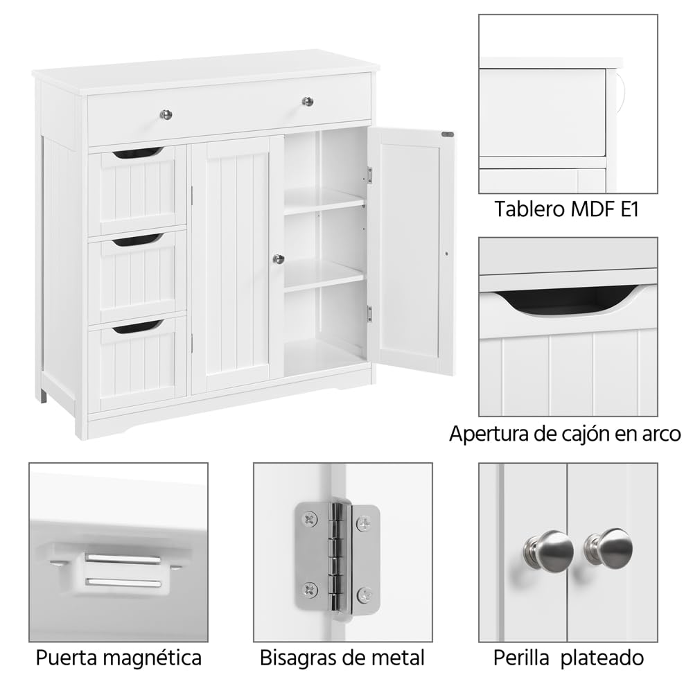 Yaheetech Mueble Almacenamiento de Baño Auxiliar Madera Blanco 81×30×81,5cm | Armario con Cajones y Estantes Ajustables Armario de Baño para Sala de Estar MDF