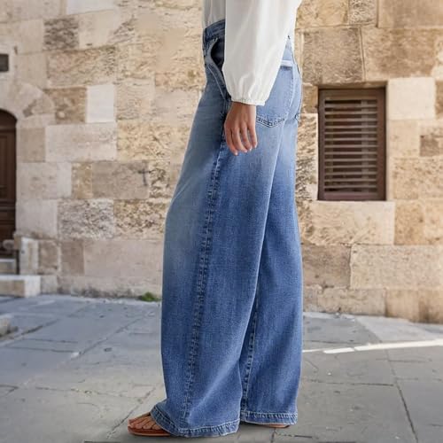 Wide Leg Jeans for Women Mid Waist Baggy Stitch Decor Denim Washed Pants Without Belt3