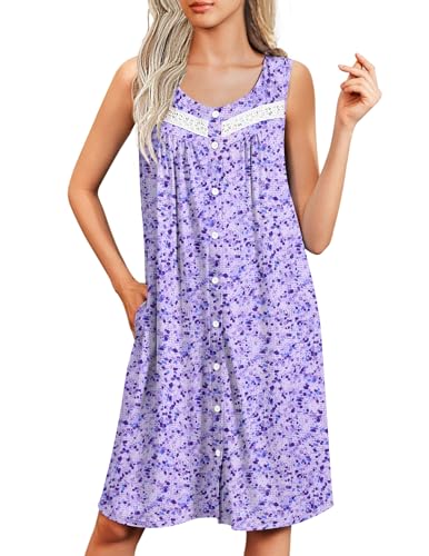 Image of Ekouaer Nightgowns for Women Button Up Sleepshirt Tank Sleeveless Nightshirt Soft Sleepwear with Pockets S-XXXL