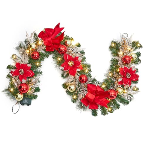 GarveeHome Christmas Garland with Lights for Mantle, 6ft Battery Operated Xmas Garland with 20 LED Lights Timer Red Gold Balls Velvet Ribbon for Fireplace Stair Railing Indoor Outdoor Holiday Decor
