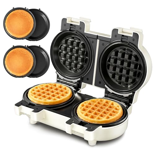 2-in-1 Double Waffle & Pancake Maker - CACHOO Mini 4' Nonstick Waffle Iron & Small Round Griddle with 4 Removable Plate Sets, Dishwasher Safe, Perfect for Small Spaces, Apartments & Dorms, Cream