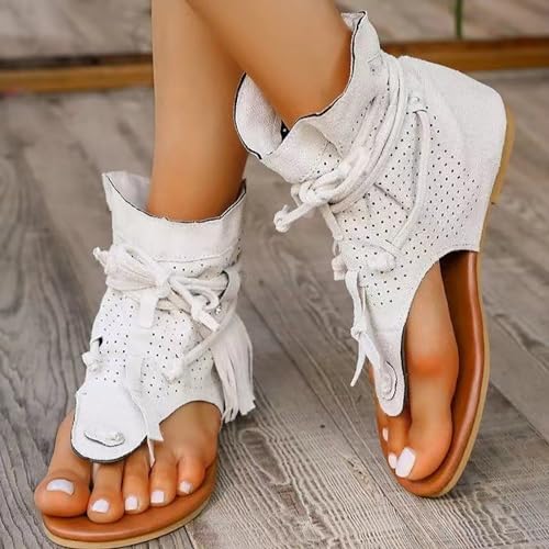 Women's Tassel Gladiator Flip Flops Sandals,Summer Retro Bohemian T-Strap Roman Open-Toe Sandals Casual Beach Flat Clip Toe Ankle Boots4