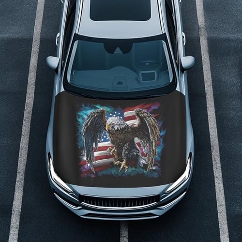 Image of Car Hood Cover Car Hood Wrap Blankets Stretchable Vehicles Banner Eagle and American Flag Print Auto Decorative Accessories for Compact Sedans SUV Trucks (59x39 Inch)