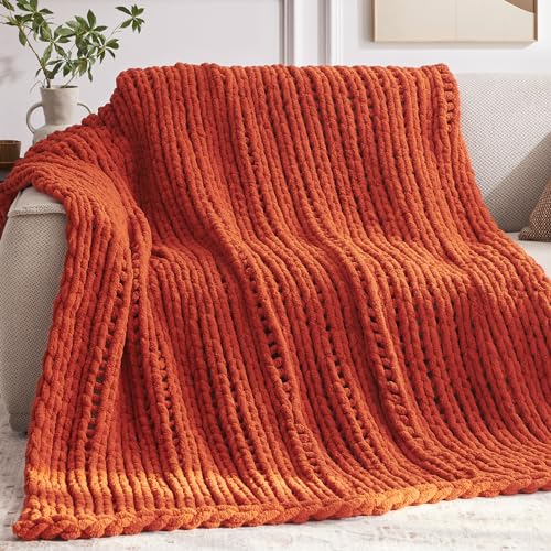 Negwoo Grobstrick-Überwurfdecke, 127,7 x 152,4 cm, gestricktes Chenille-Garn für Bett, Couch, handgefertigt, orange, gehäkelt… – Ansicht 1