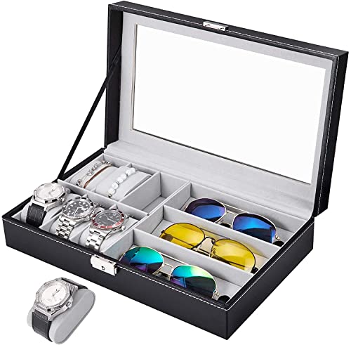 NISHIV Watch Storage Box Leather Jewelry Storage Organizer Case Portable Watch Organizer Case Holder Transparent Window Watch Collection With Lock (6 Solt WATCH BOX AND 3 Solt SUNGLASSES ORGANIZER)