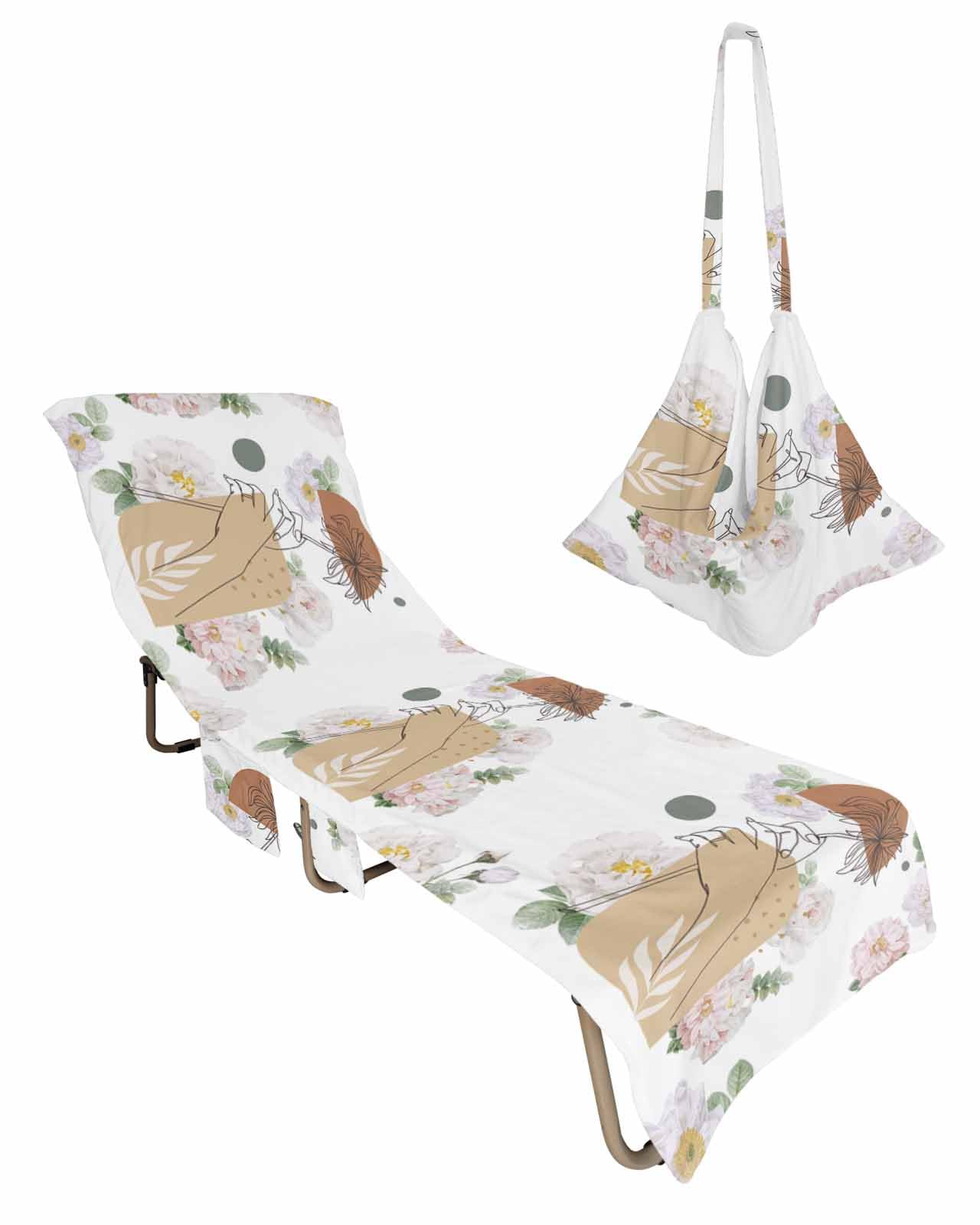 Bohemian Floral Beach Chair Towel Covers for Chaise Lounge with Side Pocket, Soft Plush Pool Towels Cover for Patio Sunbathing Outdoor 29''x85'' Minimalist Eucalyptus Aesthetic Female