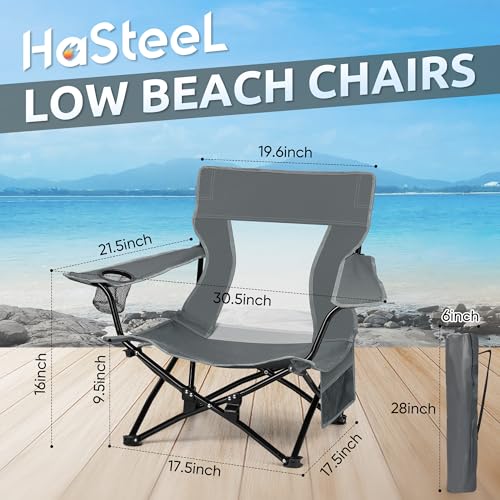 Image of HaSteeL Folding Beach Chair Set of 2, Foldable Grey Camping Chairs for Outside, Low Beach Chair Portable for Adults Fishing, Picnic, Outdoor BBQ, Travel, Sports, Cup Holder & Storage Bag