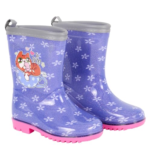 PERLETTI Bottes de Pluie Fille Chat Violet - Bottines Imperméable pour Fillette École Maternelle 3 4 5 6 Ans - Galoches Chaussures Antidérapantes et...