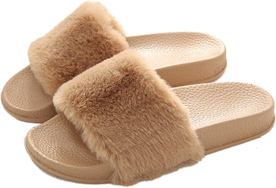 Women's Fuzzy Slippers with Arch Support – Soft Faux Fur Slide Sandals, Cozy Indoor Outdoor Non-Slip House Shoes, Khaki Size 6
