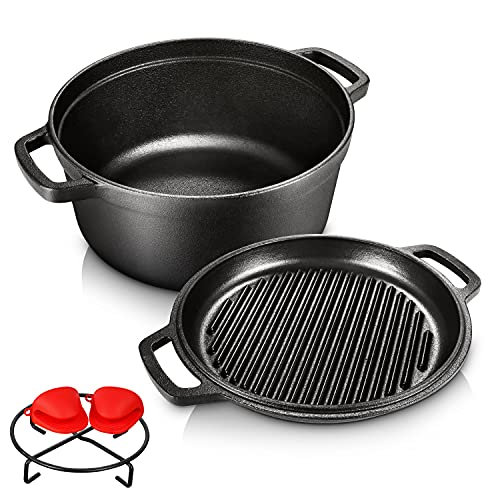 PreSeasoned Cast Iron 2In1 HeavyDuty 5.5qt Dutch Oven With Skillet