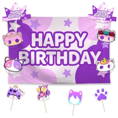 Allenjoy Cute Cat House And Friends Party Decorations Set - 11 Piece Kit with 59x35 Backdrop 6 Headbands 4 Photo Booth Props Supplies Favors for Kids Boys Girls Men Women Decor