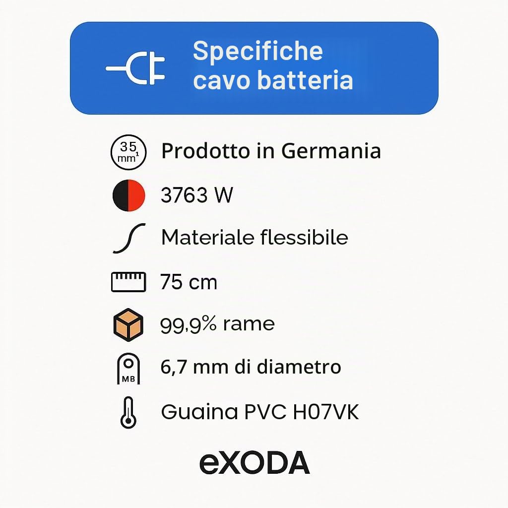 eXODA set di cavi batteria 35 mm² 75cm rosso nero con incisione M8 per 12V | Cavo batteria, 35 mm², 75 cm, rosso e nero, guaina termorestringente, 12V, occhiali M8, resistente al calore, versatile.