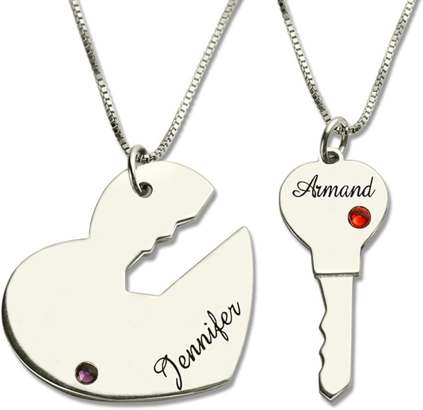 Personalized Key to My Heart Necklace with Birthstone for Couples, Sterling Silver Custom His and Her Puzzle Necklace Engraved Names for Women Men, 2 Pcs a Set