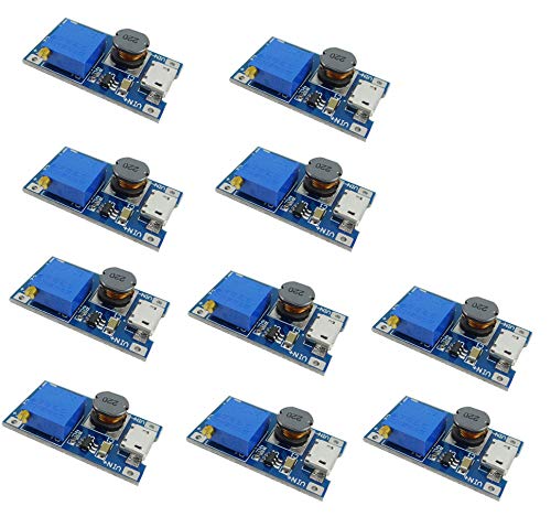 MT3608 DC-DC Step Up Converter Adjustable Power Supply Module Booster Voltage Regulator Board Input 2V-24V to Output 5V-28V 2A MicroUSB (Pack of 10PCS)