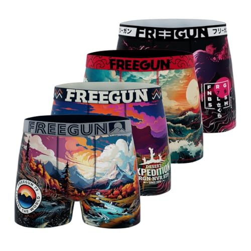 Freegun Boxer Enfant, Caleçon Garçon Paysage, Doux & Respirant (Lot de 4), Taille 8/10 Ans - Violet/Rose/Rouge/Noir/Blanc