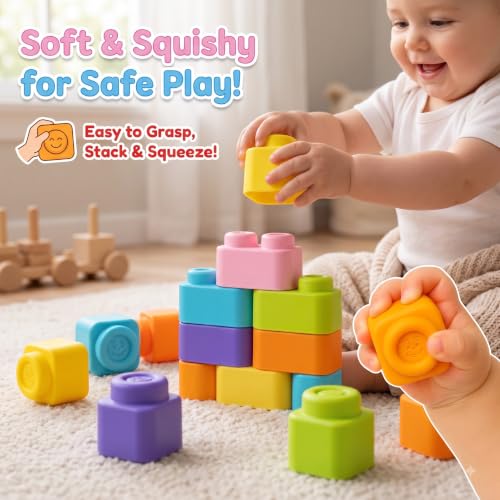Image of Soft Squishy Building Blocks for Babies and Toddlers, 21 Pcs Non-Toxic Stacking Blocks Set, Teething Safe Sensory Toy for Infants 5 Months+