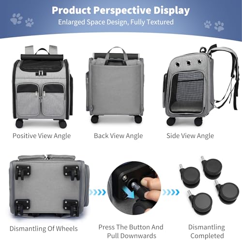 PETCUTE Katzenrucksack Hunderucksack mit Trolley 2 in 1 bis 11 kg,Faltbarer Hundetrolley mit 4 Rädern,Herausnehmbarer Matte,Multifunktionaler,Atmungsaktive Haustier-Reisetrage für Katzen und Welpen