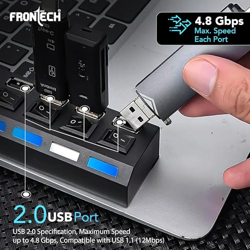 Image of Frontech 4-Port USB Hub with Individual On /Off Switches, LED Indicators, 40 cm Cable, Optional Power Input Port, Plug-and-Play Multi-Device Connectivity, Backed with 1 Year Warranty