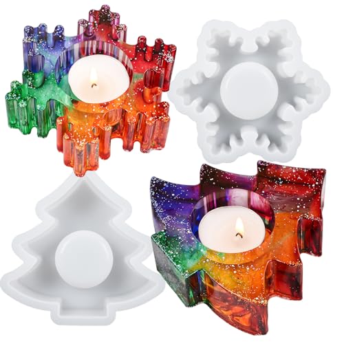 Wehous Christmas Resin Molds 2PCS Snowflake Tree Candle Holder Silicone Resin Mold 3D Christmas Epoxy Casting Mold DIY Tealight Votive Jewelry Trinket Holder for Table Centerpiece Home Decoration