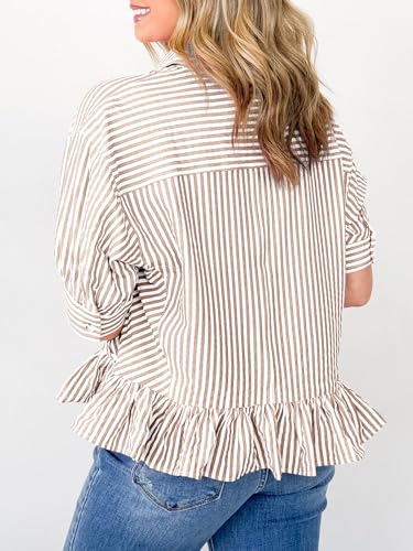 Womens Peplum Top Striped Ruffle Shirts 3/4 Sleeve Button Down Cute Cropped Blouse2
