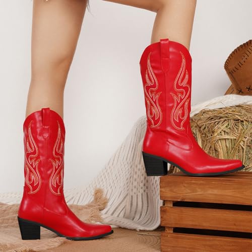 Image of Pasuot Cowboy Boots for Women - Cowgirl Western Mid Calf Boots with Embroidery, Pointed Toe Retro Chunky Heel Slip On Fashion Classic Short Boots Pull On for Ladies Summer Fall