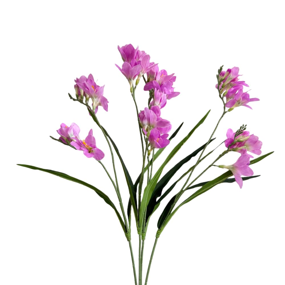Urier Artificial Freesia Flowers 4Pieces, Artificial Daffodils with Long Stems Green Leaves, Real Touch Flowers Spring Decorations for Home Winter Floral Arrangements (4, Purple)