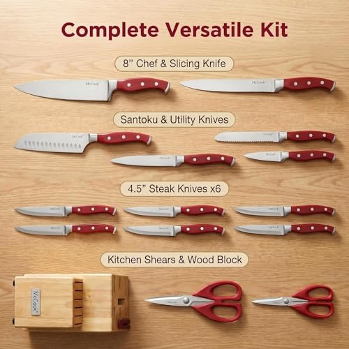Image of McCook Knife Sets, High Carbon Stainless Steel Kitchen Knife Block Sets with Built-in Sharpener, 15 Piece, Forged Triple Rivet,Full Tang, Elegant Red & Stylish Wooden Block for Modern Culinary