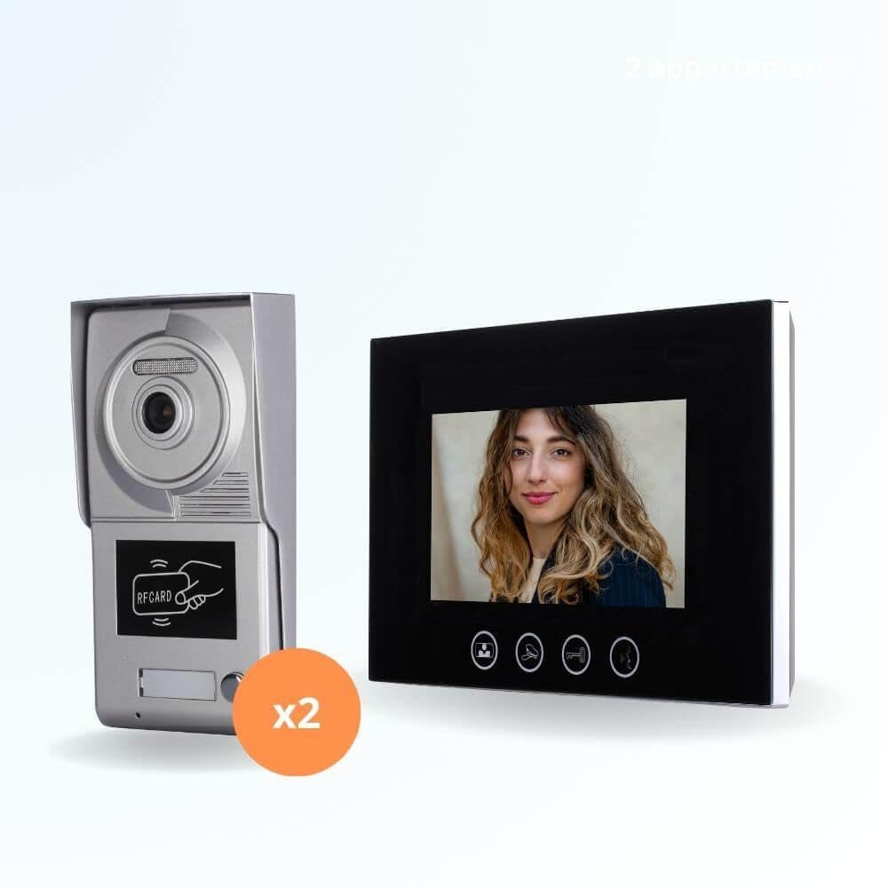 Portier interphone vidéo Classic 4 Fils pour 2 entrées - 1 Appartement - 2 platines - 1 écran Noir 7" - avec mémoire Photos - avec Lecteur de Badge