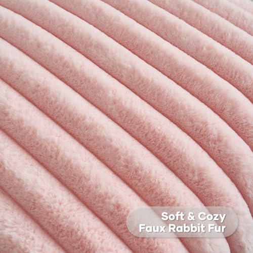 FUTEI Pink Striped Decorative Throw Pillow Covers 20x20 Inch Set of 2,Square Winter Decorations Couch Pillow Case,Soft Cozy Faux Rabbit Fur & Velvet Back,Modern Home Decor for Bed