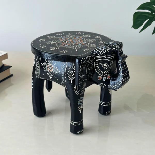 collective home decor - handcrafted wooden elephant stool for home decoration - black compact plant stand, small side table for living room, bedroom, or office, modern black elephant decor