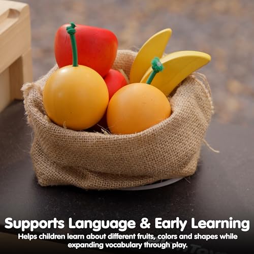 Image of PlanToys Wooden Fresh Produce Set Apples, Oranges & Bananas | Sliceable Montessori Pretend Play Food for Role Play, Fine Motor Skills & Imaginative Play | Eco Friendly Kitchen Toy