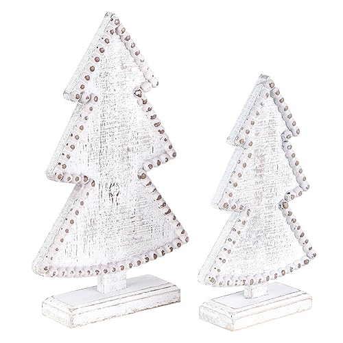 BAYSBAI Wooden Christmas Trees Tabletop Decoration Set of 2,Rustic Beaded