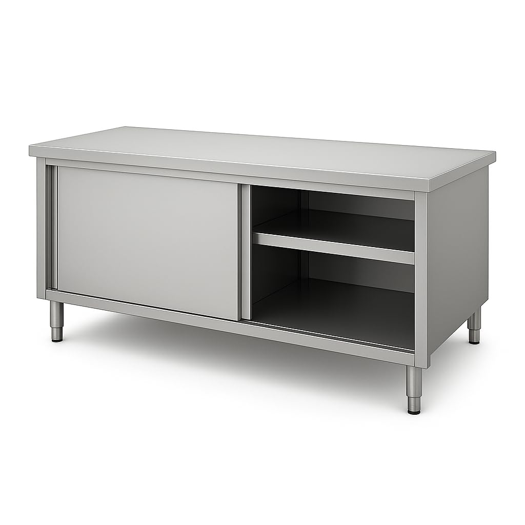 Générique Meuble Neutre INOX Central – Longueur 1500 mm – Profondeur 700 mm – Portes coulissantes – Cuisine Professionnelle