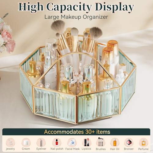 Image of CoralHouse 360 Rotating Makeup Organizer Spinning Vanity Organizer with Makeup Brush Holder for Countertop, Bathroom Storage, Skincare, Perfume & Cosmetic Organizer for Vanity