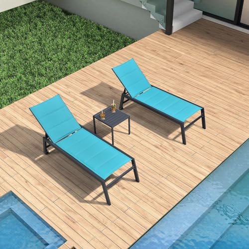 Image of PURPLE LEAF Outdoor Lounge Chairs Aluminum Chaise Lounge Set of 2 Patio Chaise Lounge Chairs with Wheels and Side Table for Poolside Backyard Outside Turquoise Blue