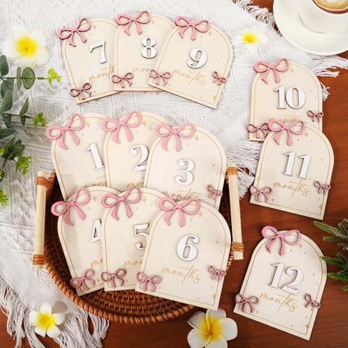 Image of JarThenaAMCS 12Pcs Wooden Baby Monthly Milestone Cards Coquette Pink Bow Marker Discs Announcement Sign Newborn Photo Props for Pregnancy Baby Shower Party Favors