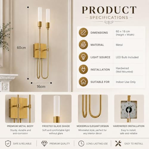 Image of Long Metal Wall Light, Double-Arrow Double Wall Sconce, Gold U-Shaped Fixture with Glass Shade, Contemporary Indoor Lighting for Bedroom, Living Room, Home Decoraiton with Bulbs, Golden