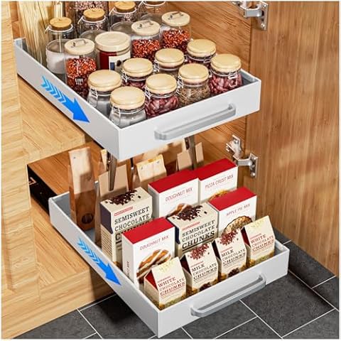 ARSTPEOE 【2 Pack】 Pull Out Cabinet Organizer, 16“-Deep Pull Out Drawers for Cabinets with Adhesive Nano Film, Slide Out Under Sink Storage Cabinet for Kitchen, Bathroom and Pantry (White) Cover