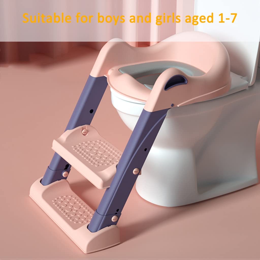 Reducteur Toilette avec Marche Mignon Réglable Siège Toilette avec Escalier avec Garde-Boue, Salle De Bain Pliable Reducteur WC avec Escalier avec Dossier, Porteur 50kg